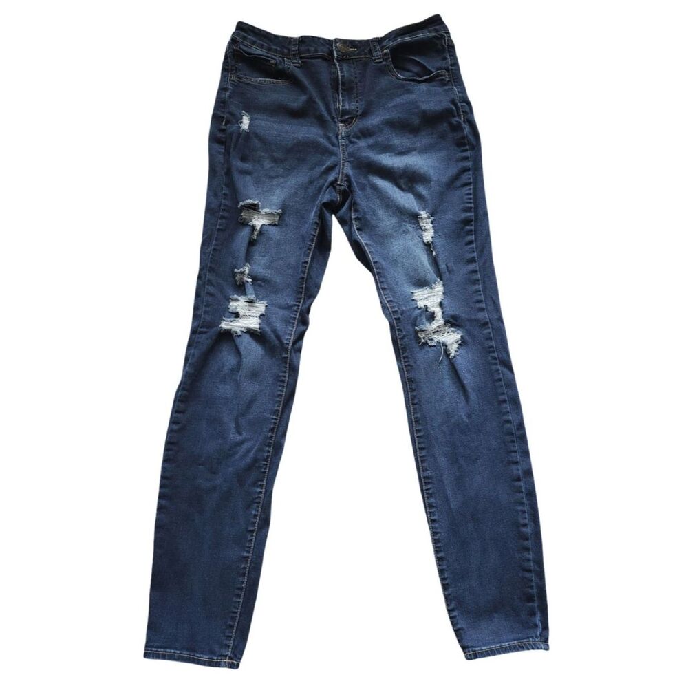 SO High Rise Skinny Jeans 15L 32W Dark Wash Distressed Stretch